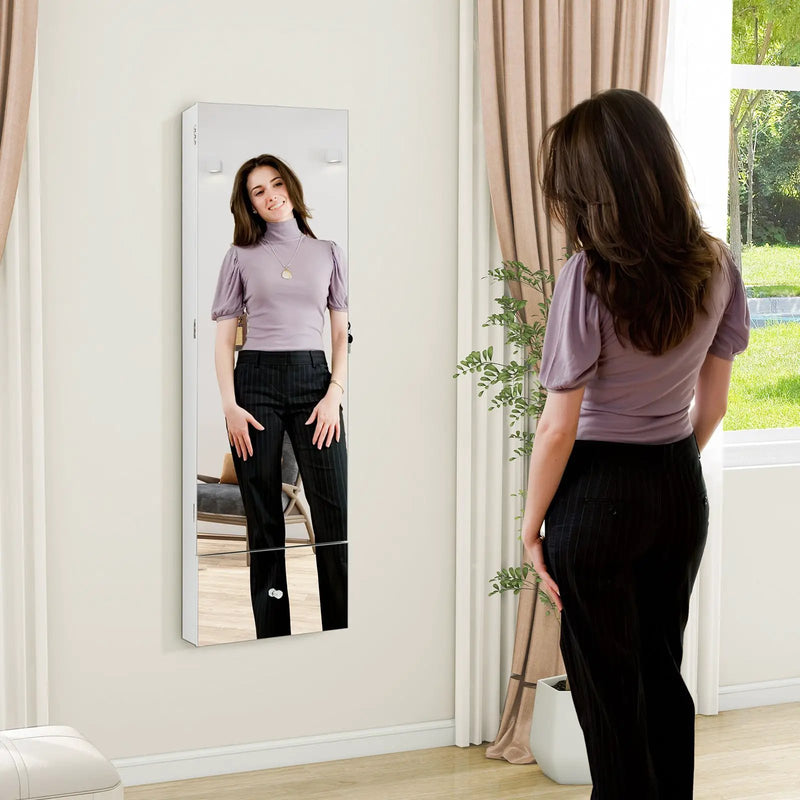 Wall Mounted Jewelry Armoire Organizer with Full-Length Frameless Mirror-White by DirectDeals