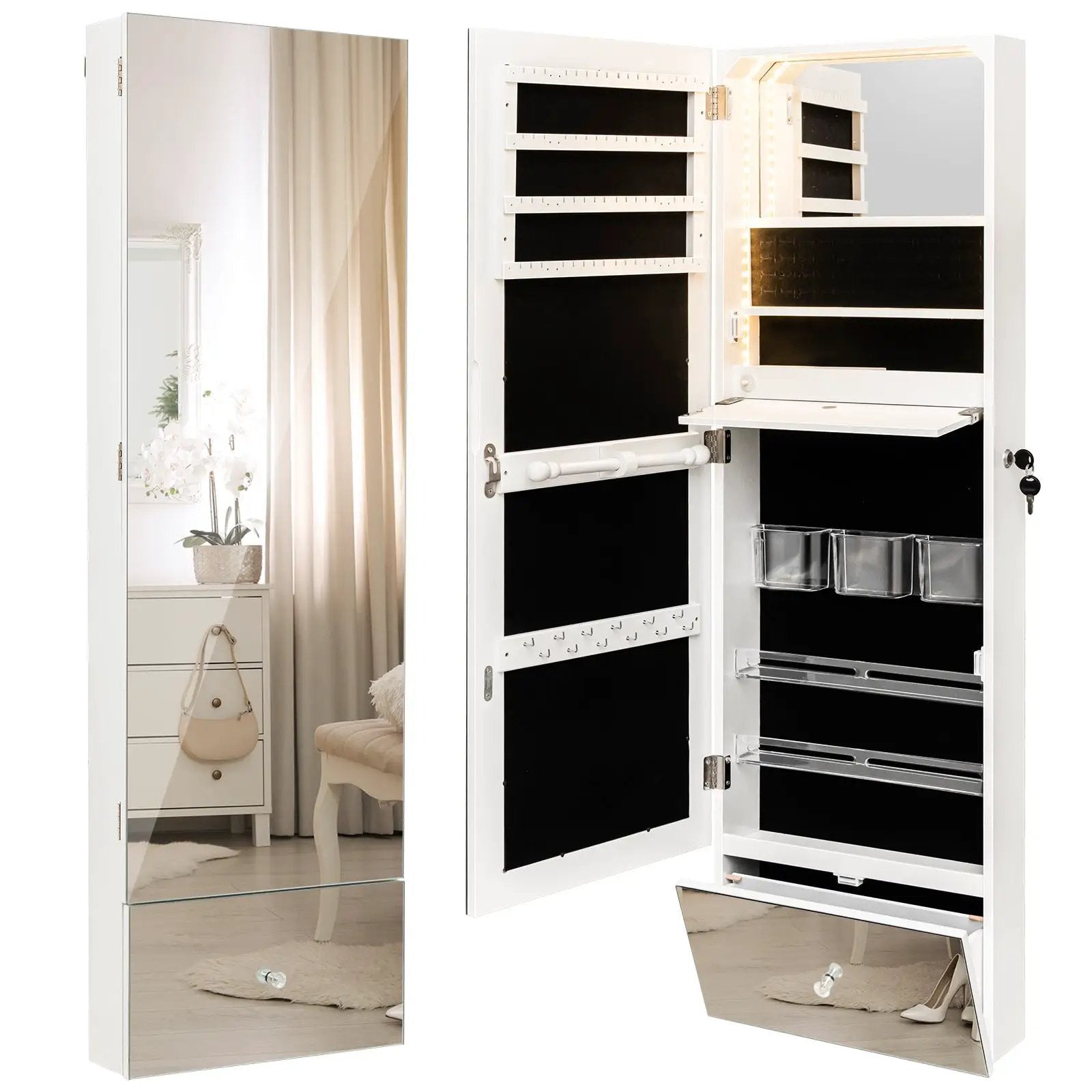 Wall Mounted Jewelry Armoire Organizer with Full-Length Frameless Mirror-White by DirectDeals