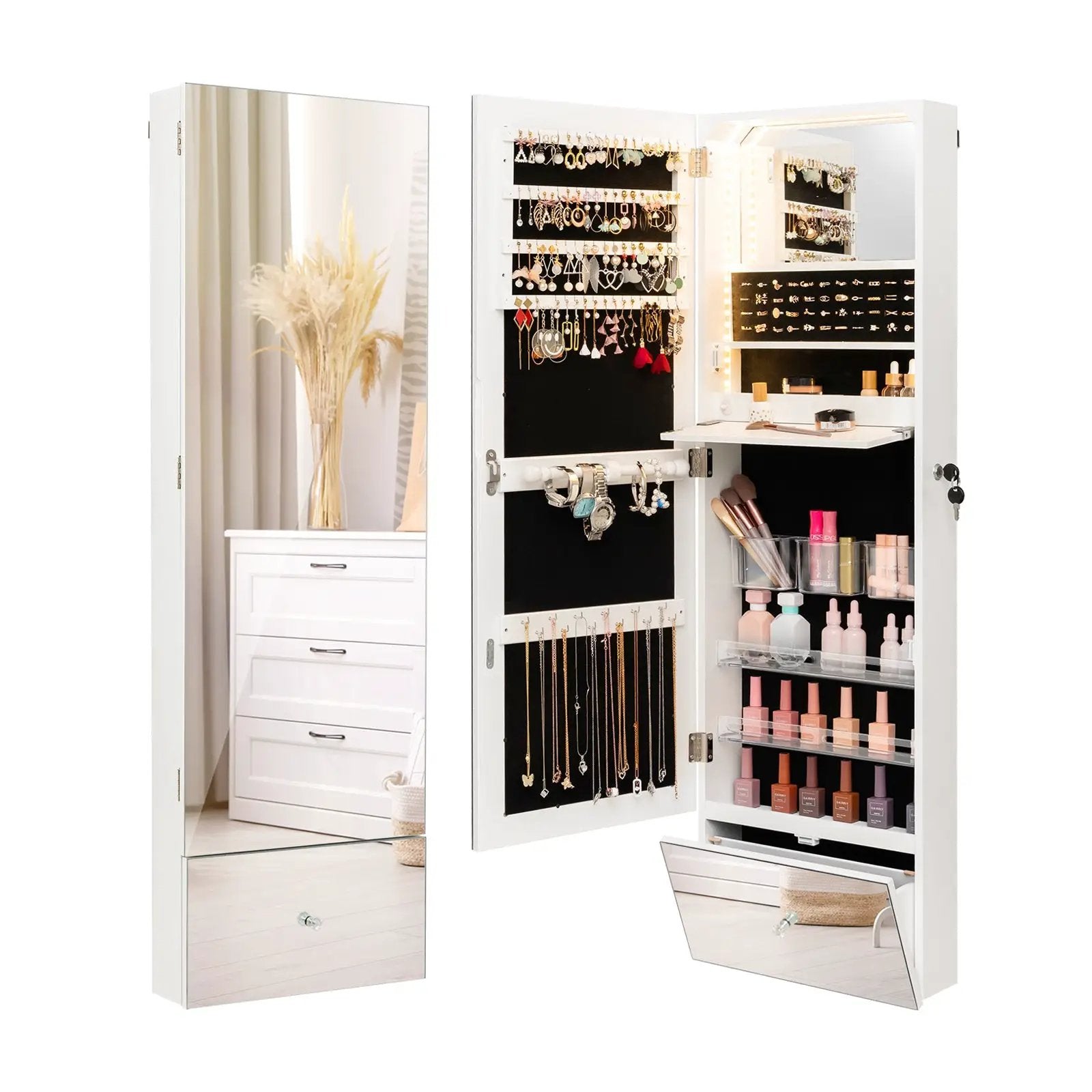 Wall Mounted Jewelry Armoire Organizer with Full-Length Frameless Mirror-White by DirectDeals