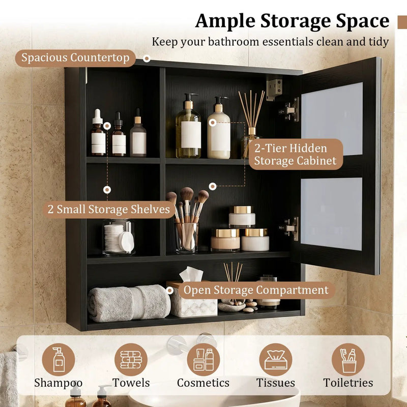 Wall-Mounted Mirror Cabinet with Hidden & Open Storage by DirectDeals