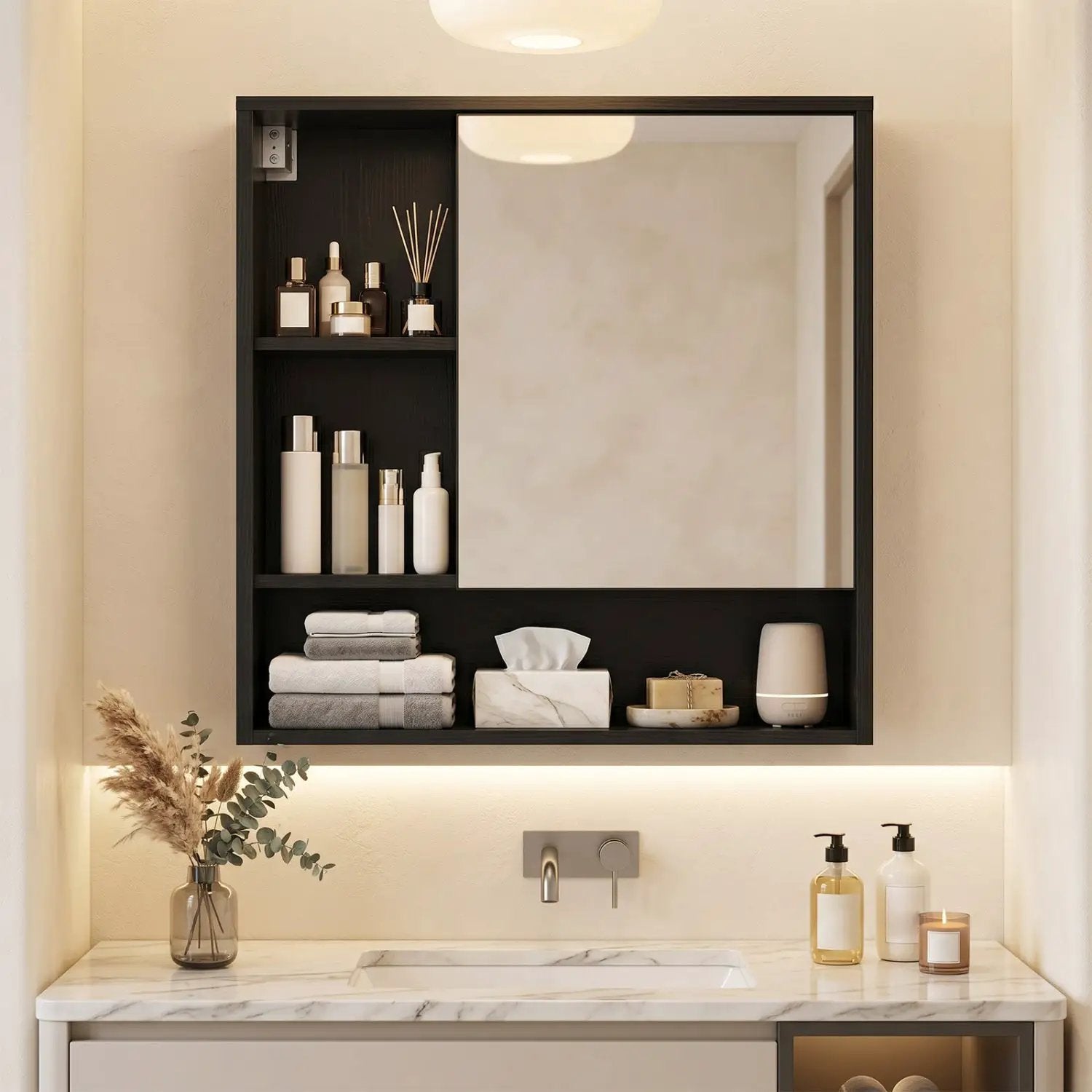 Wall-Mounted Mirror Cabinet with Hidden & Open Storage by DirectDeals
