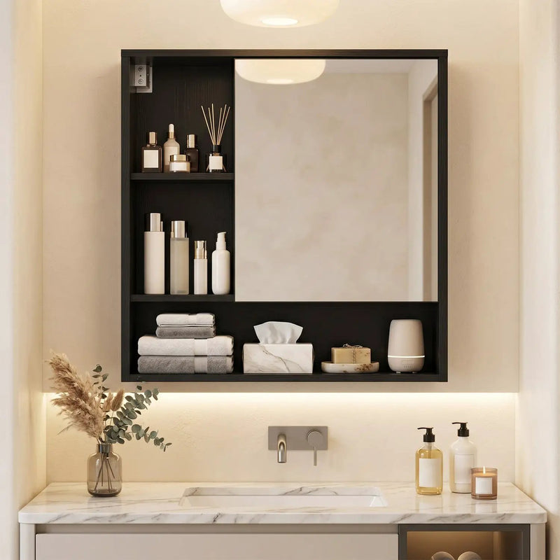 Wall-Mounted Mirror Cabinet with Hidden & Open Storage by DirectDeals