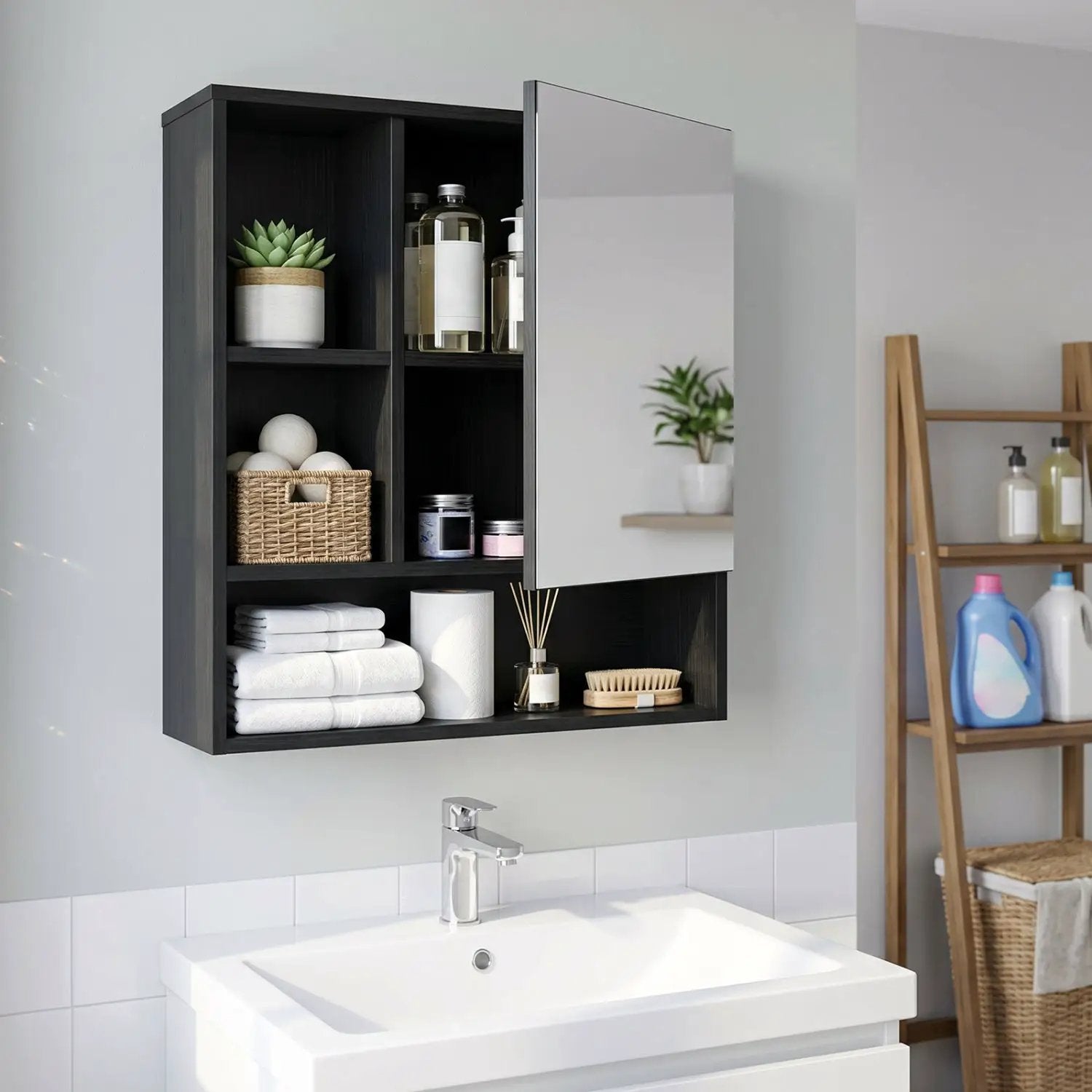 Wall-Mounted Mirror Cabinet with Hidden & Open Storage by DirectDeals