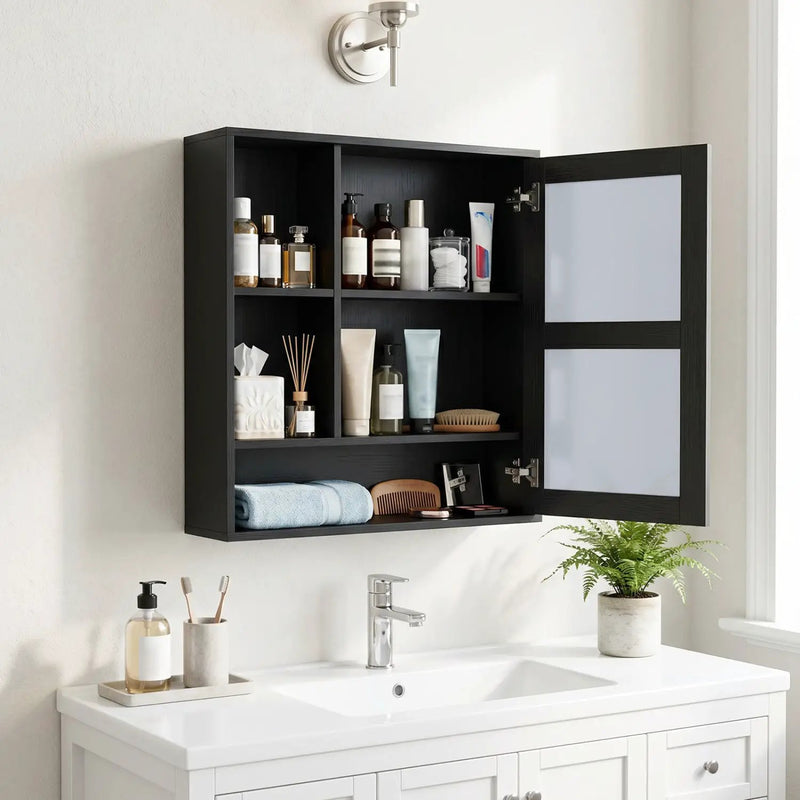 Wall-Mounted Mirror Cabinet with Hidden & Open Storage by DirectDeals