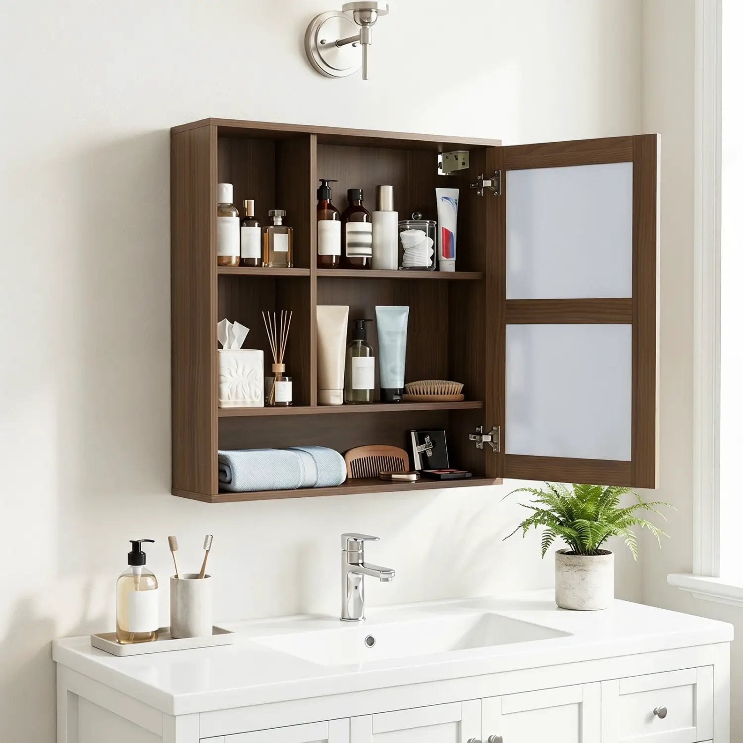 Wall-Mounted Mirror Cabinet with Hidden & Open Storage by DirectDeals