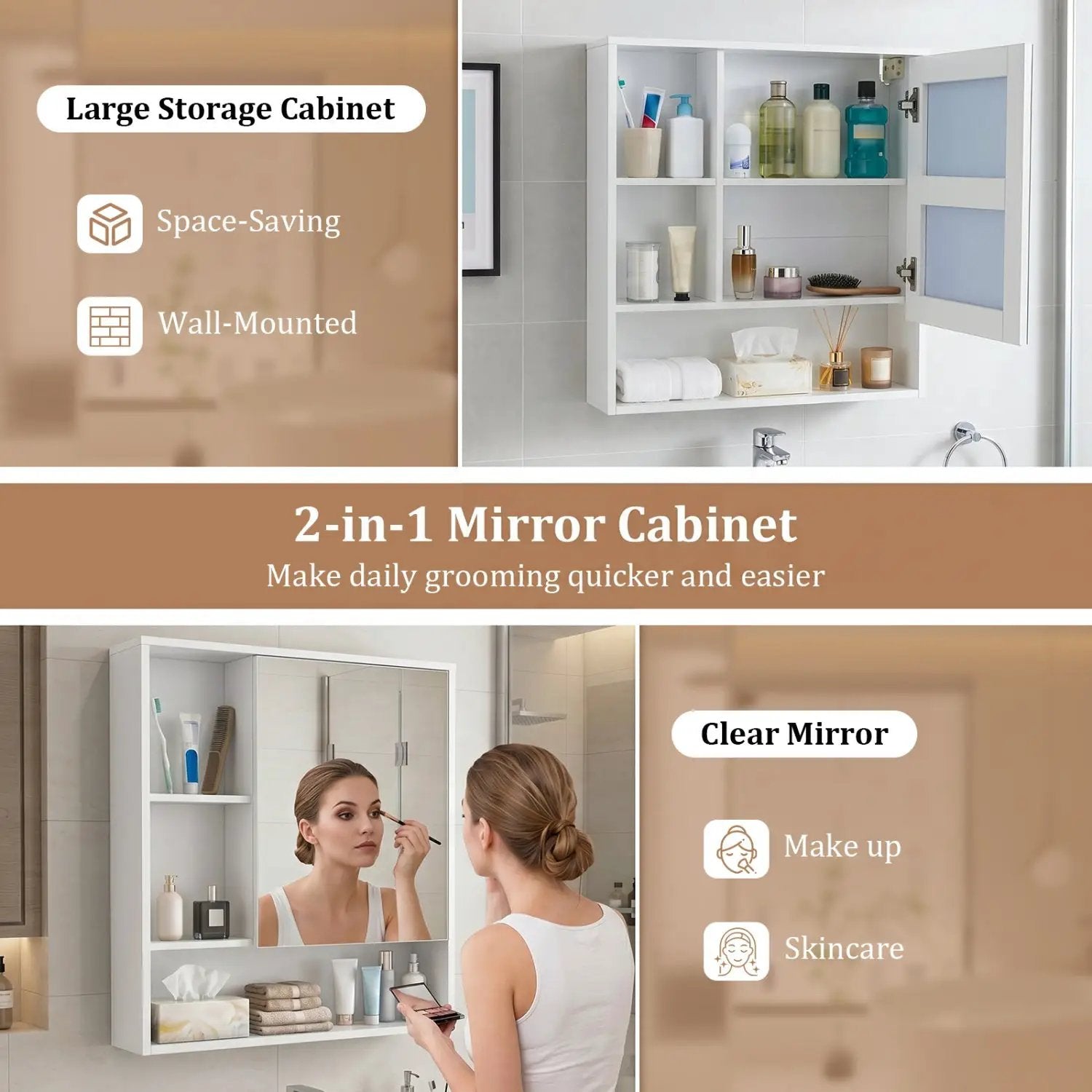 Wall-Mounted Mirror Cabinet with Hidden & Open Storage by DirectDeals