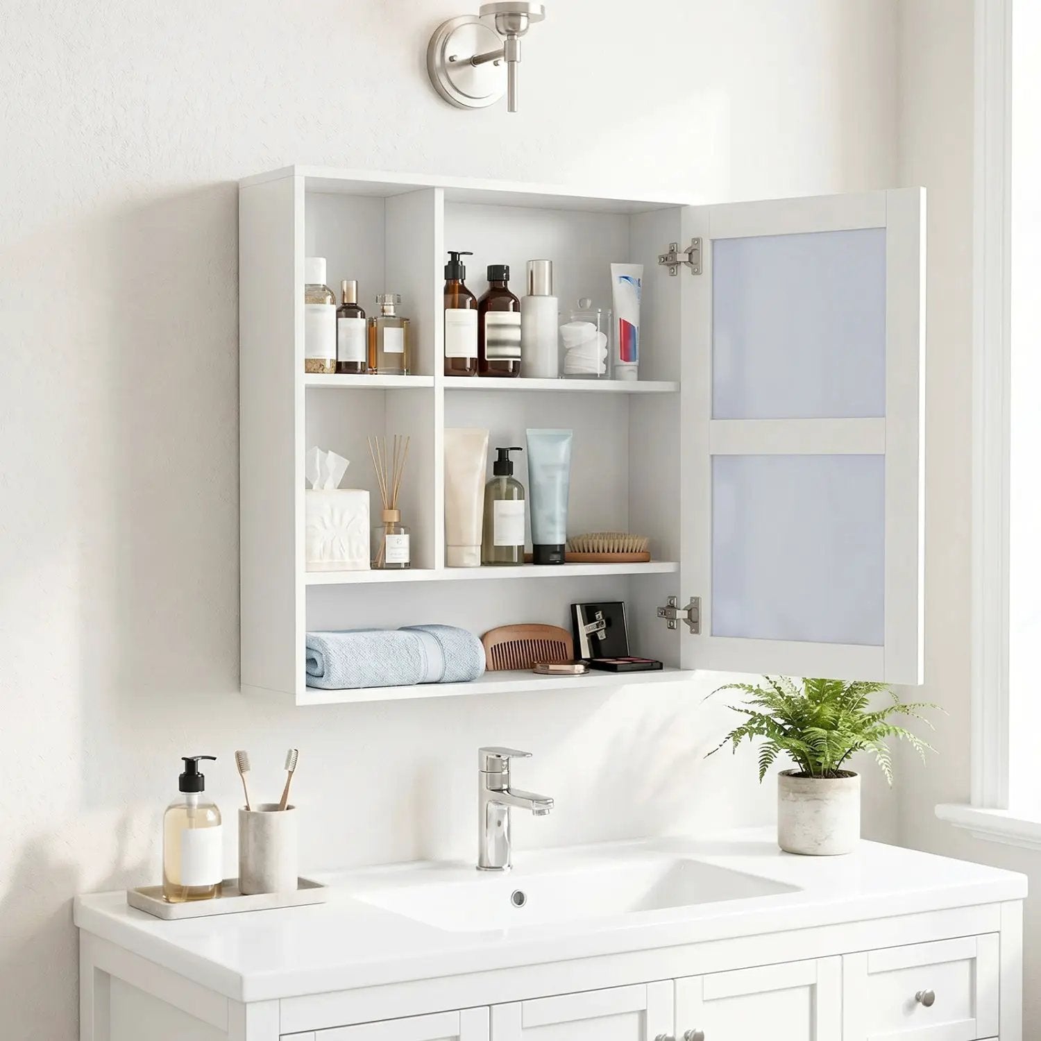 Wall-Mounted Mirror Cabinet with Hidden & Open Storage by DirectDeals