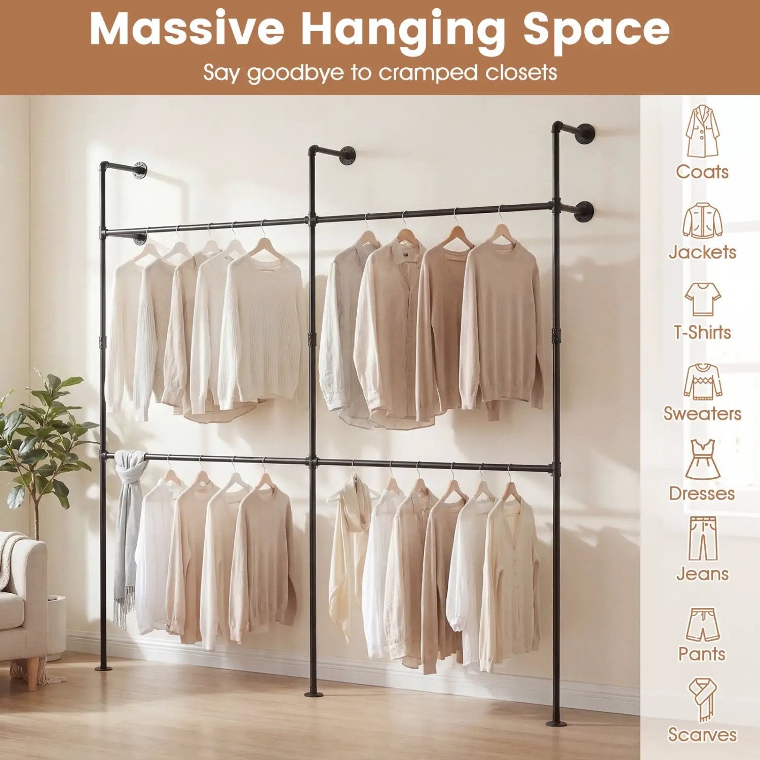 Wall Mounted Pipe Clothing Rack with 4 Hanging Rods by DirectDeals