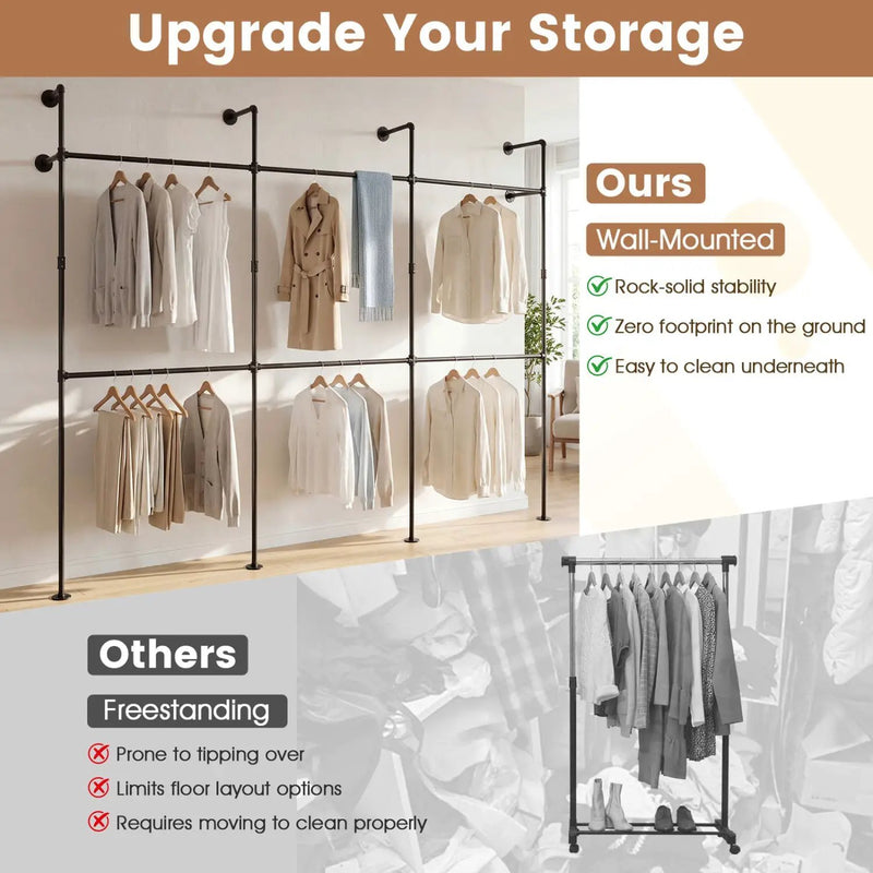 Wall Mounted Pipe Clothing Rack with 6 Hanging Rods by DirectDeals