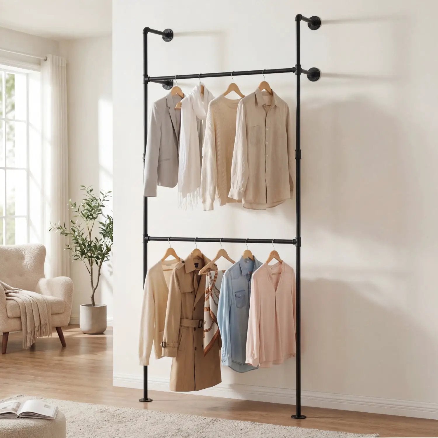 Wall Mounted Pipe Clothing Rack with 2 Hanging Rods by DirectDeals