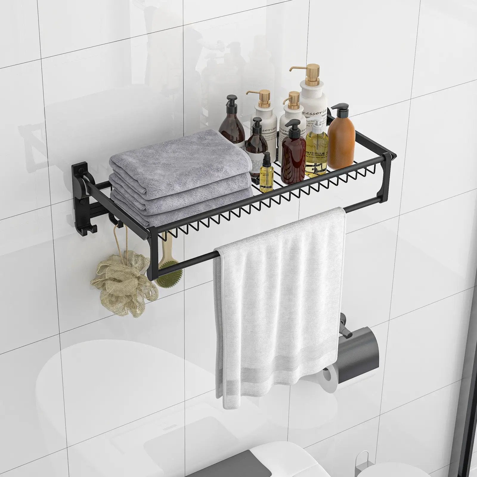 Wall Mounted Towel Shelf with Adjustable Towel Bar and Movable Hooks No Assembly Required by DirectDeals