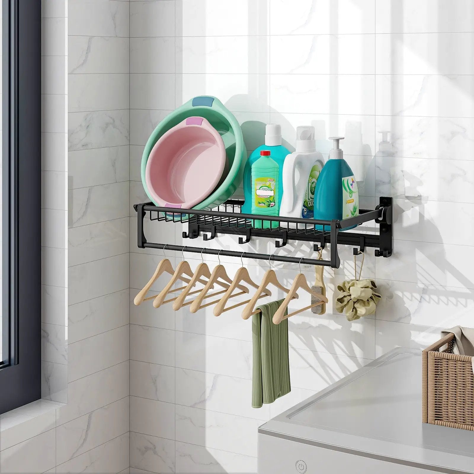Wall Mounted Towel Shelf with Adjustable Towel Bar and Movable Hooks No Assembly Required by DirectDeals