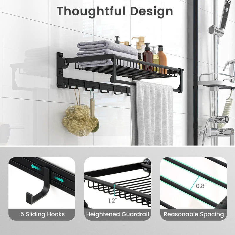 Wall Mounted Towel Shelf with Adjustable Towel Bar and Movable Hooks No Assembly Required by DirectDeals