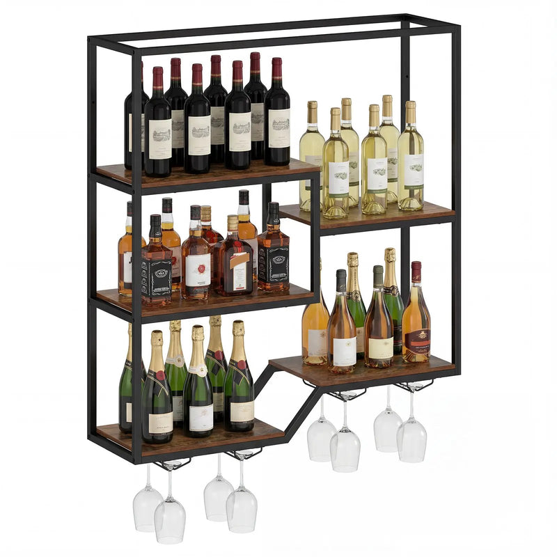 Wall Mounted Wine Rack 6-Tier Hanging Bar Shelf with Bottle Display Shelf and Glass Holder-Rustic Brown by DirectDeals