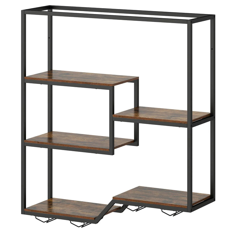 Wall Mounted Wine Rack 6-Tier Hanging Bar Shelf with Bottle Display Shelf and Glass Holder-Rustic Brown by DirectDeals