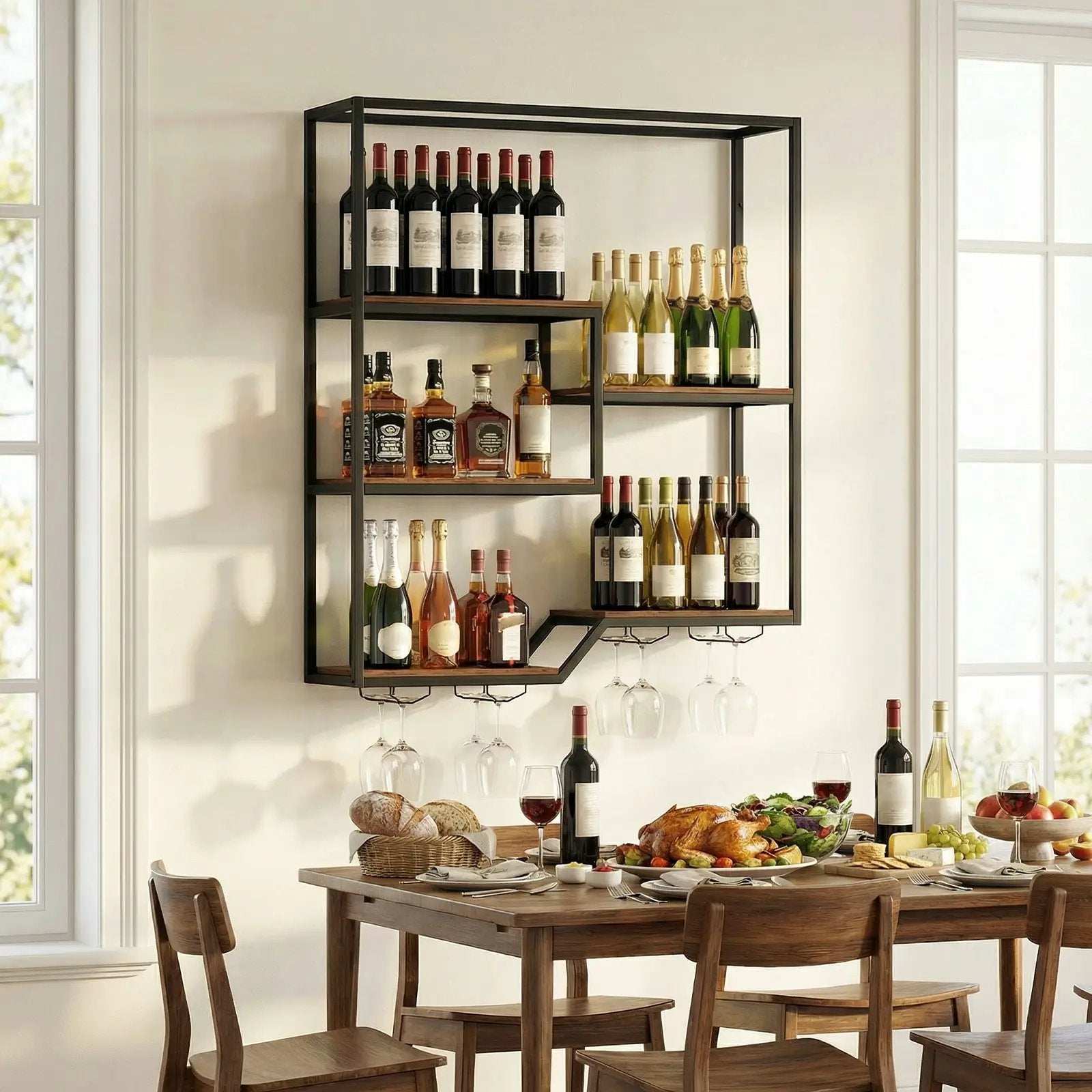 Wall Mounted Wine Rack 6-Tier Hanging Bar Shelf with Bottle Display Shelf and Glass Holder-Rustic Brown by DirectDeals