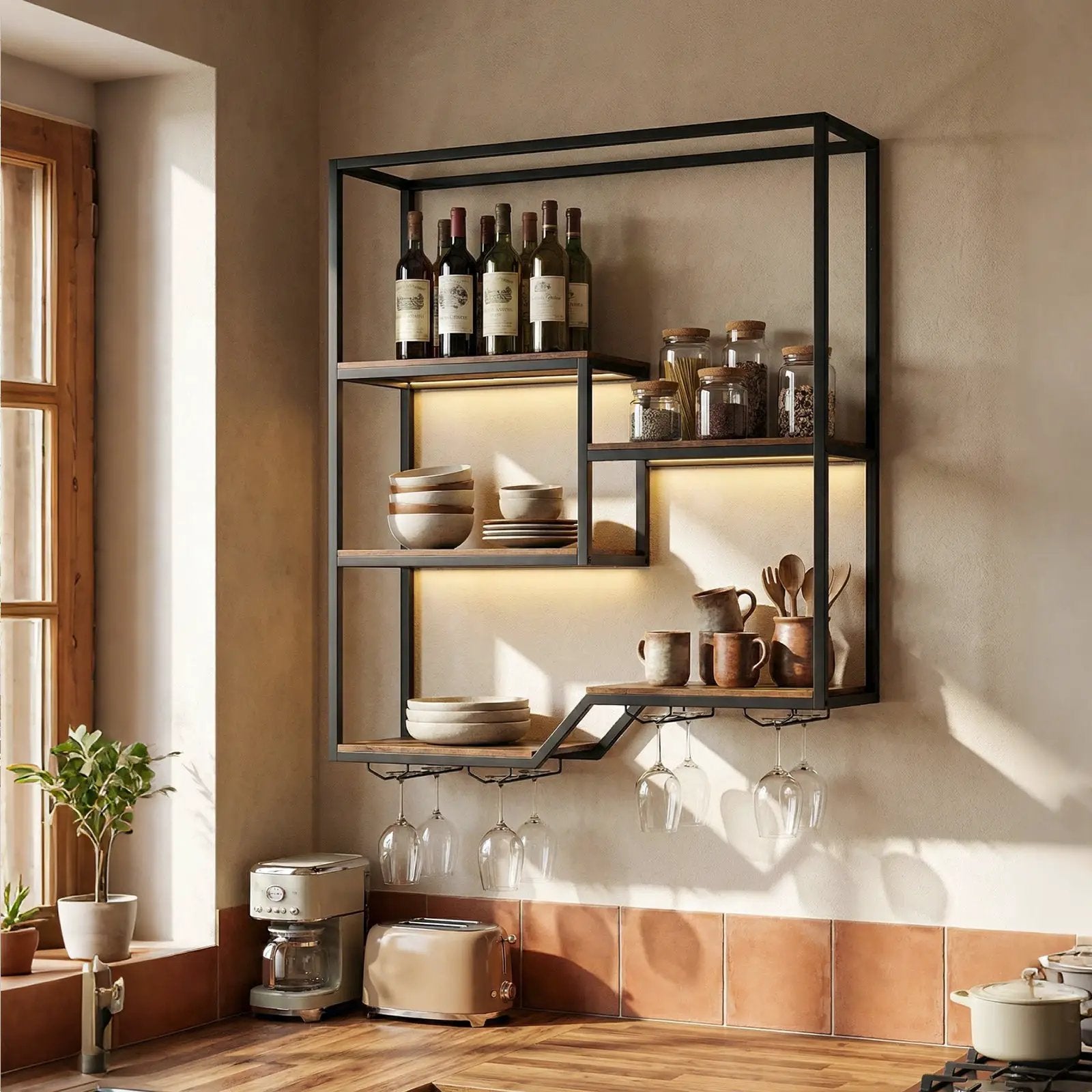Wall Mounted Wine Rack 6-Tier Hanging Bar Shelf with Bottle Display Shelf and Glass Holder-Rustic Brown by DirectDeals