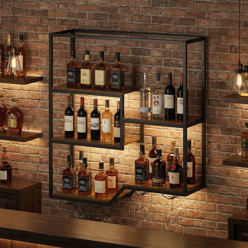 Wall Mounted Wine Rack 6-Tier Hanging Bar Shelf with Bottle Display Shelf and Glass Holder-Rustic Brown by DirectDeals