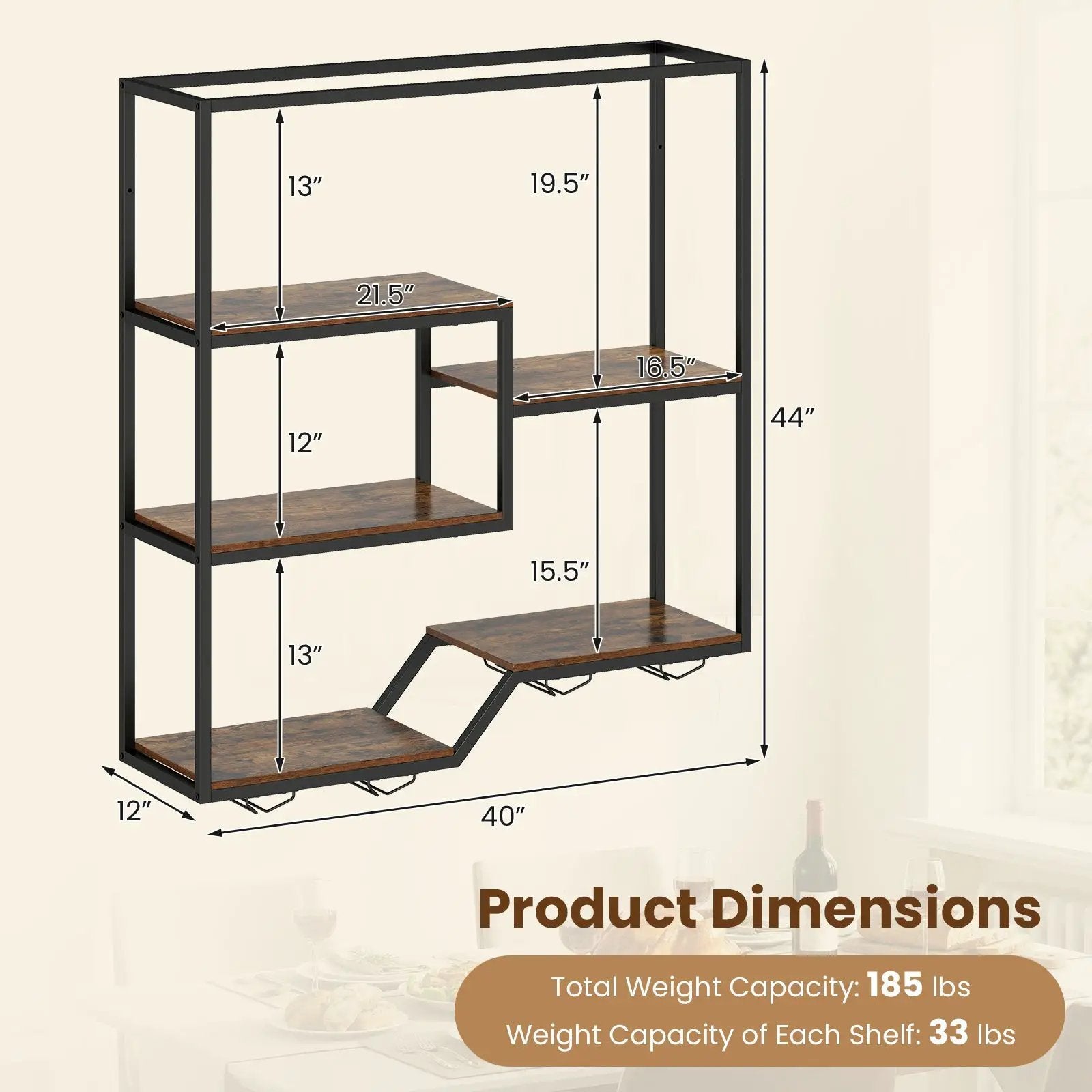 Wall Mounted Wine Rack 6-Tier Hanging Bar Shelf with Bottle Display Shelf and Glass Holder-Rustic Brown by DirectDeals