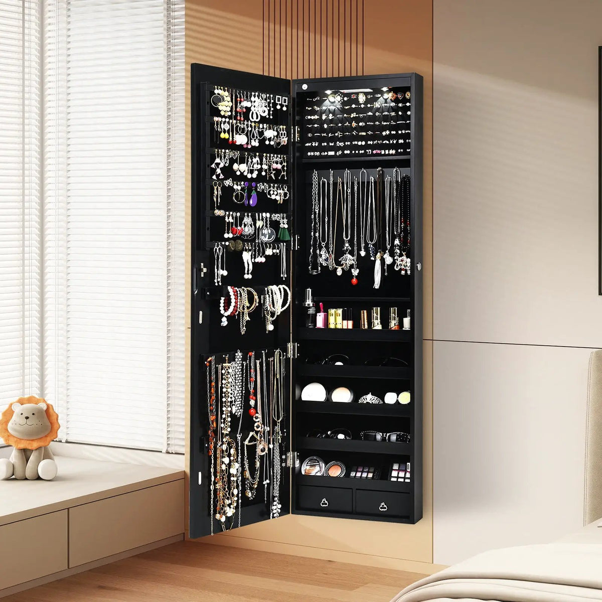 Wall and Door Mounted Mirrored Jewelry Cabinet with Lights, photo 2 of 17