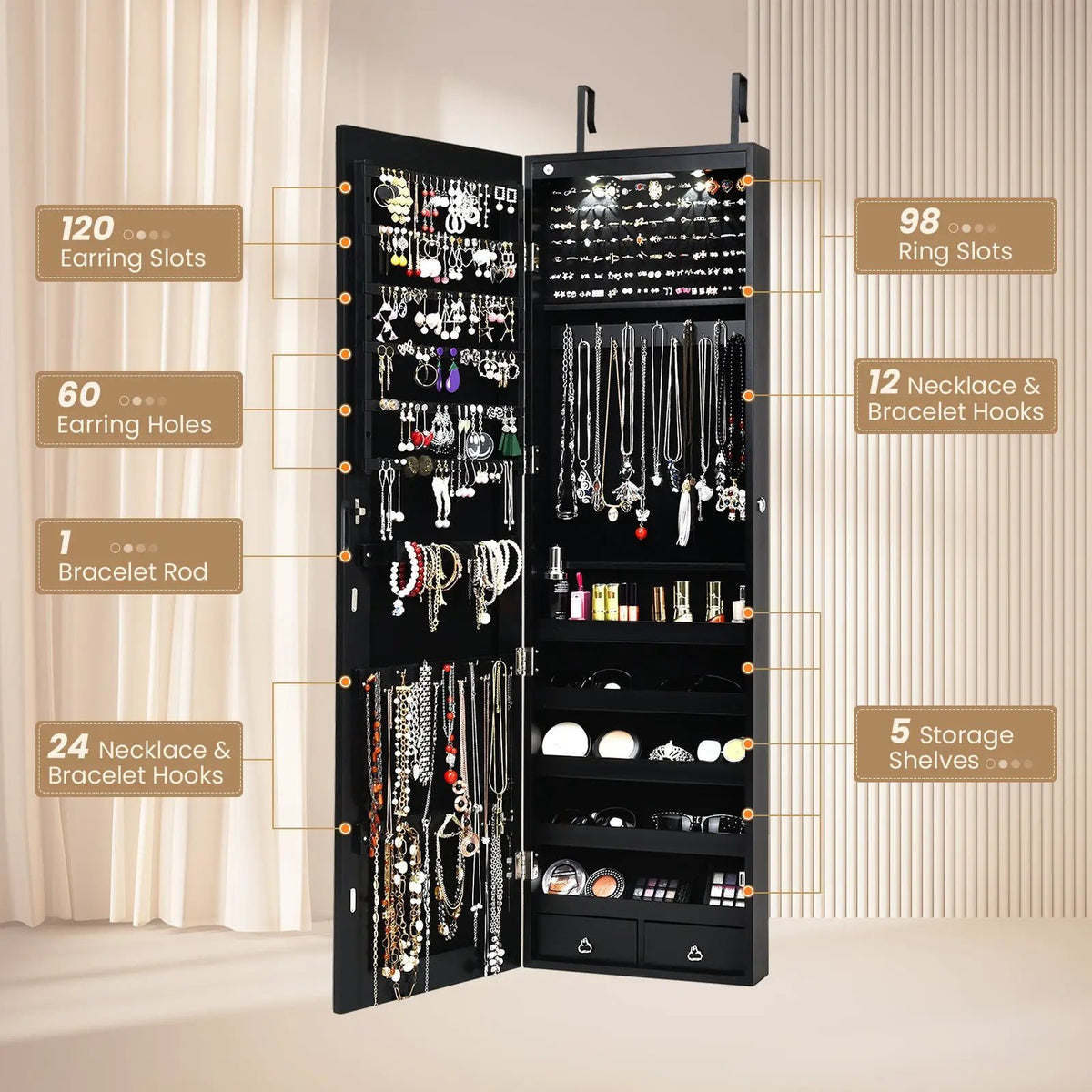 Wall and Door Mounted Mirrored Jewelry Cabinet with Lights, photo 6 of 17