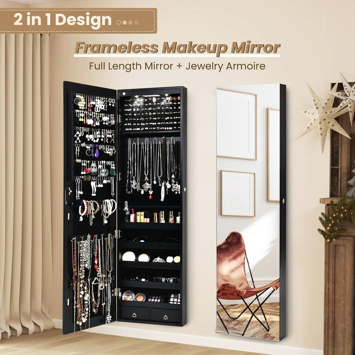 Wall and Door Mounted Mirrored Jewelry Cabinet with Lights, photo 7 of 17