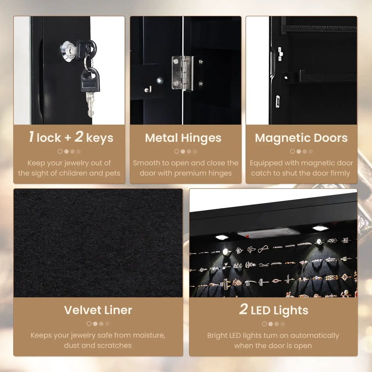 Wall and Door Mounted Mirrored Jewelry Cabinet with Lights, photo 8 of 17