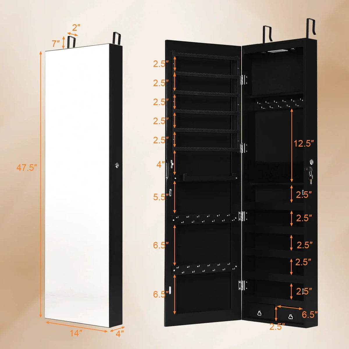 Wall and Door Mounted Mirrored Jewelry Cabinet with Lights, photo 5 of 17