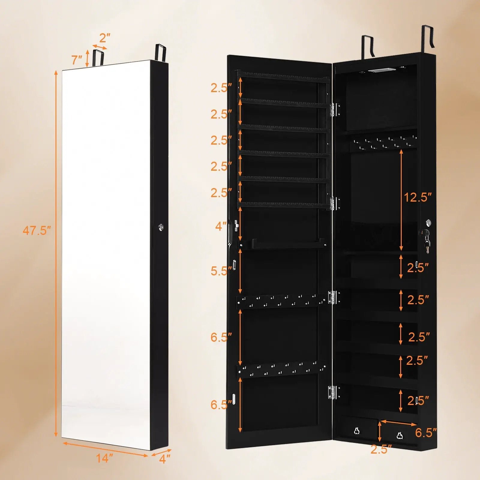 Wall and Door Mounted Mirrored Jewelry Cabinet with Lights by DirectDeals