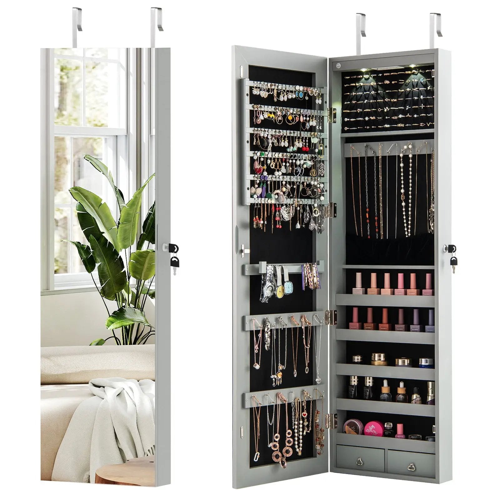 Wall and Door Mounted Mirrored Jewelry Cabinet with Lights by DirectDeals