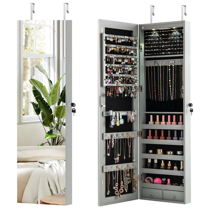 Wall and Door Mounted Mirrored Jewelry Cabinet with Lights by DirectDeals