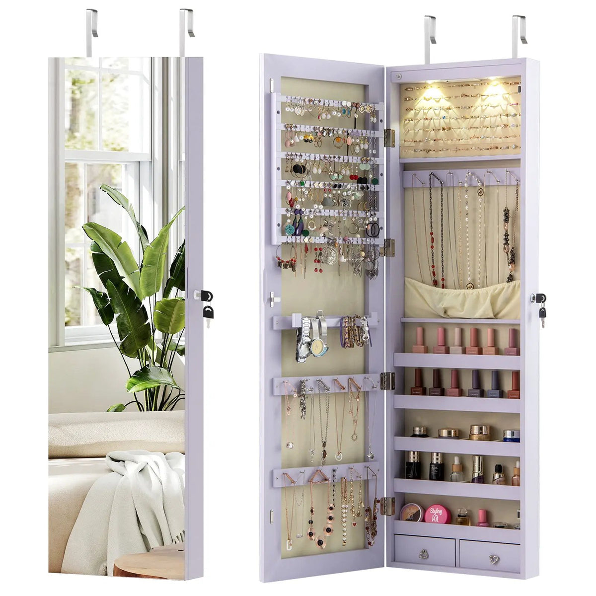 Wall and Door Mounted Mirrored Jewelry Cabinet with Lights, photo 16 of 17