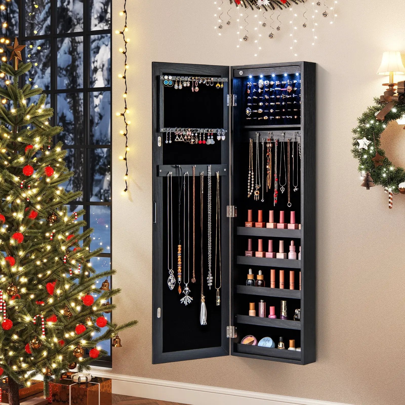 Wall or Door Mounted Jewelry Cabinet with Full-Length Mirror and LED Lights by DirectDeals