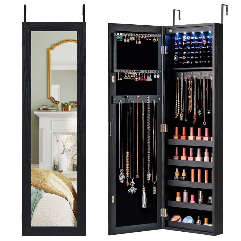 Wall or Door Mounted Jewelry Cabinet with Full-Length Mirror and LED Lights by DirectDeals