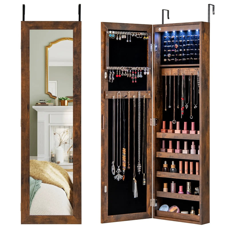 Wall or Door Mounted Jewelry Cabinet with Full-Length Mirror and LED Lights by DirectDeals