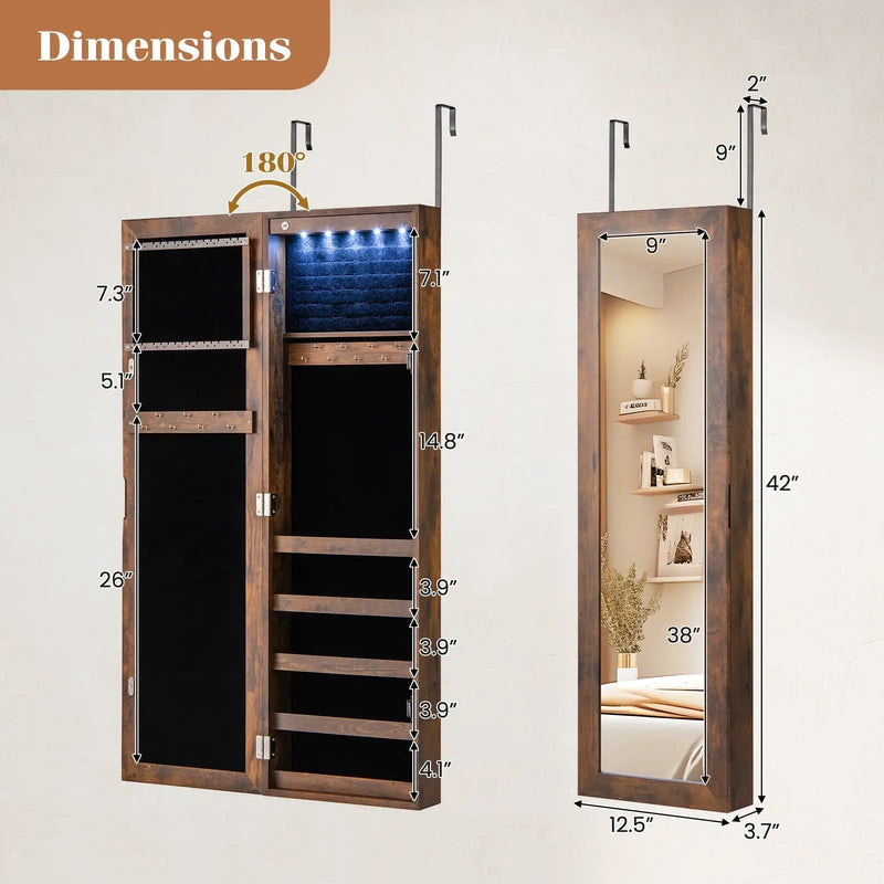 Wall or Door Mounted Jewelry Cabinet with Full-Length Mirror and LED Lights by DirectDeals