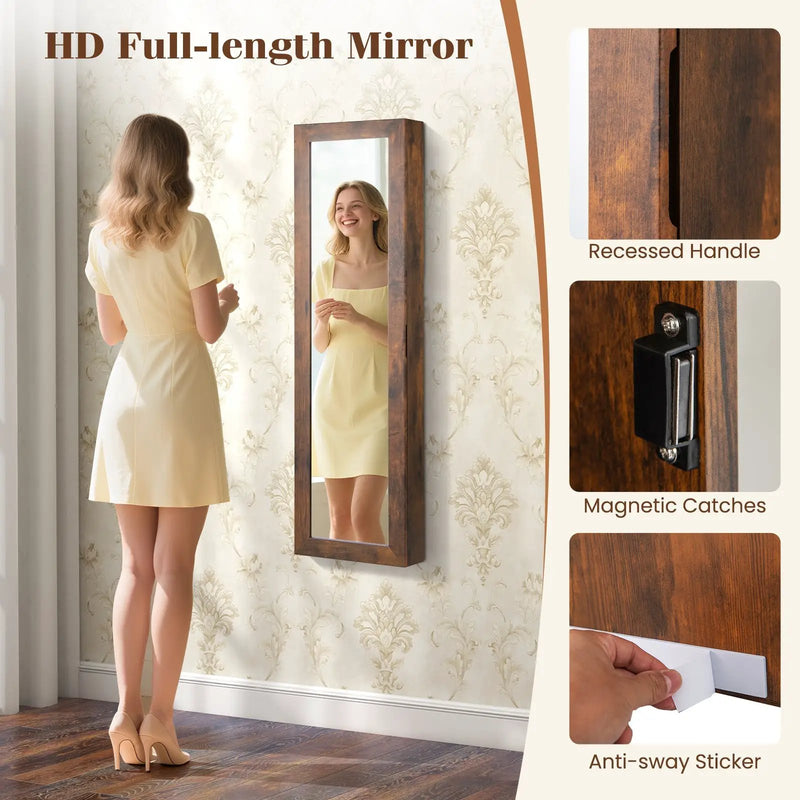 Wall or Door Mounted Jewelry Cabinet with Full-Length Mirror and LED Lights by DirectDeals