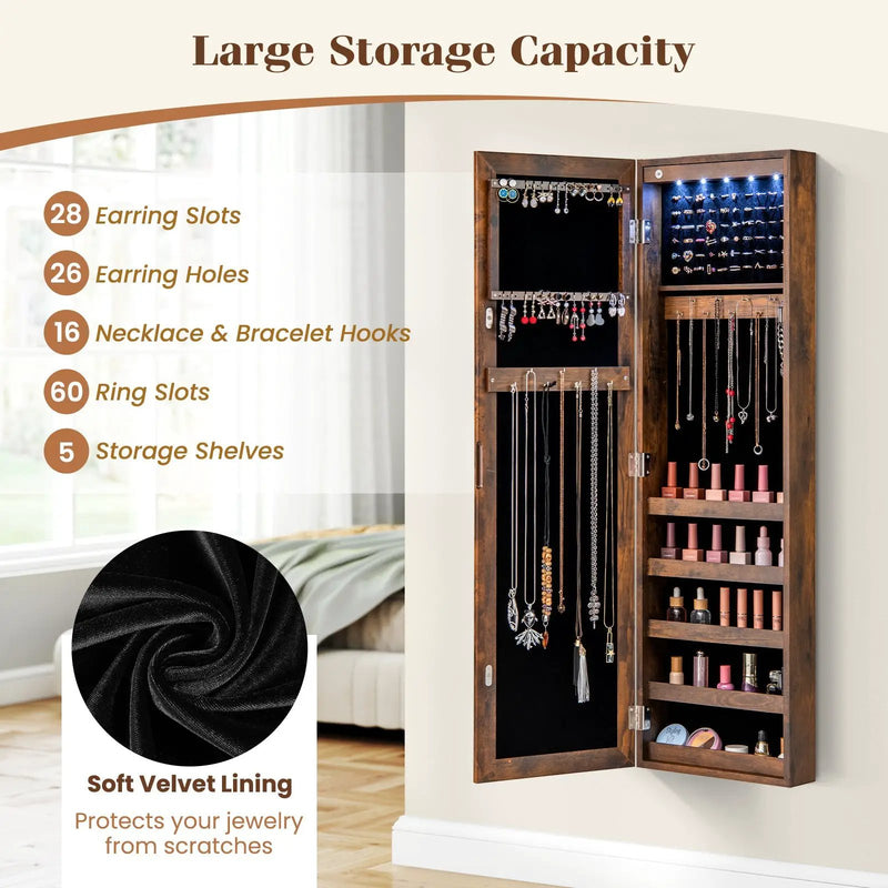 Wall or Door Mounted Jewelry Cabinet with Full-Length Mirror and LED Lights by DirectDeals