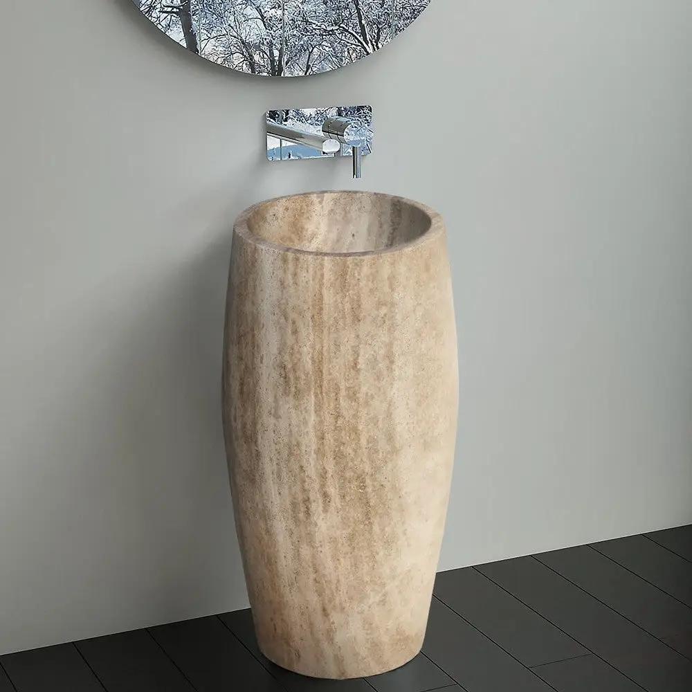 Walnut Travertine Pedestal Sink Curved Honed 16 x 19.5 x 33.5 by GobekDesign