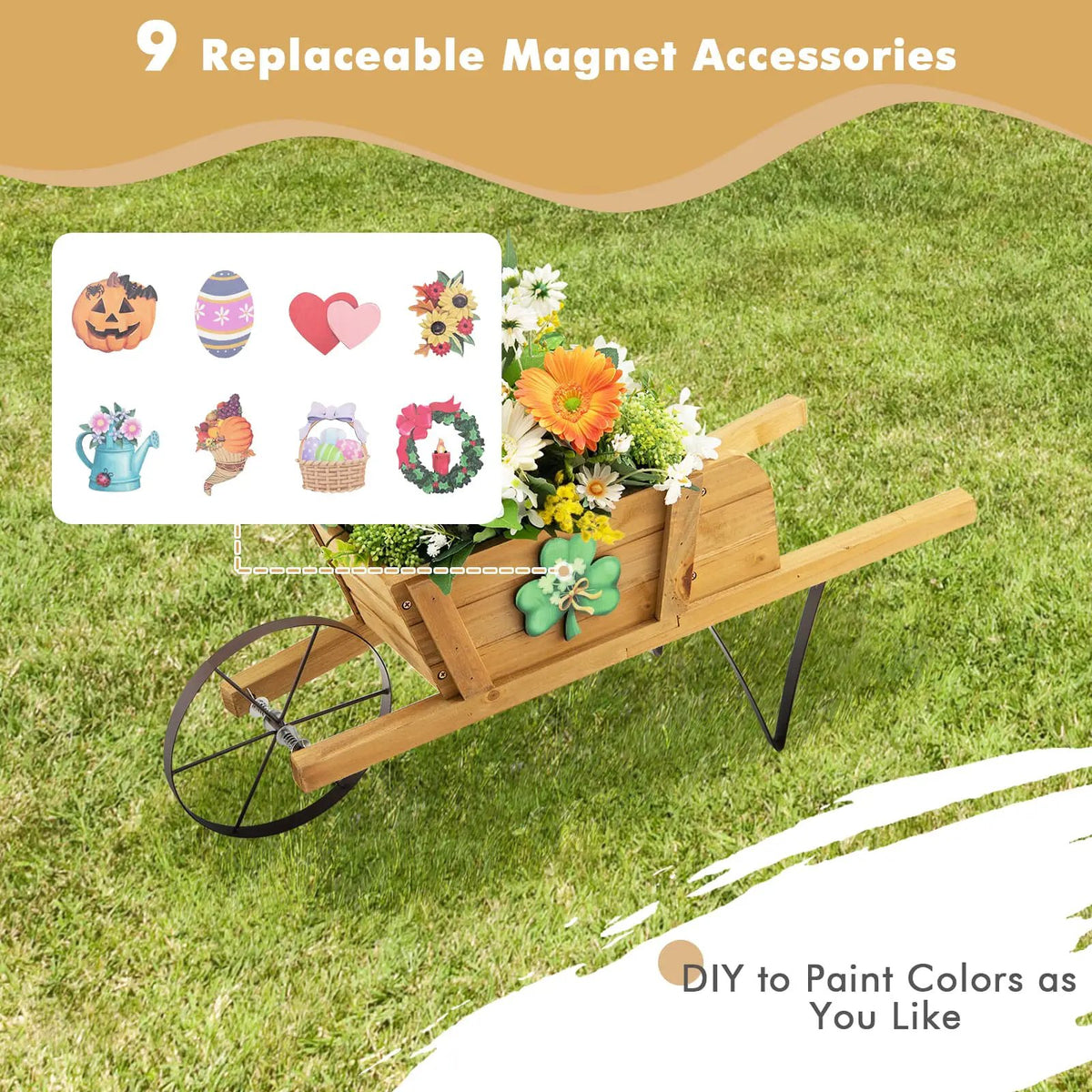 Wooden Wagon Planter with 9 Magnetic Accessories for Garden Yard, photo 7 of 8