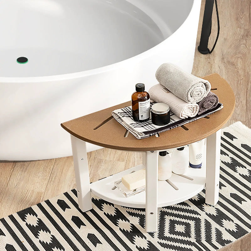 Waterproof HDPE Shower Bench with Semicircular Seat and Storage Shelf-Brown by DirectDeals