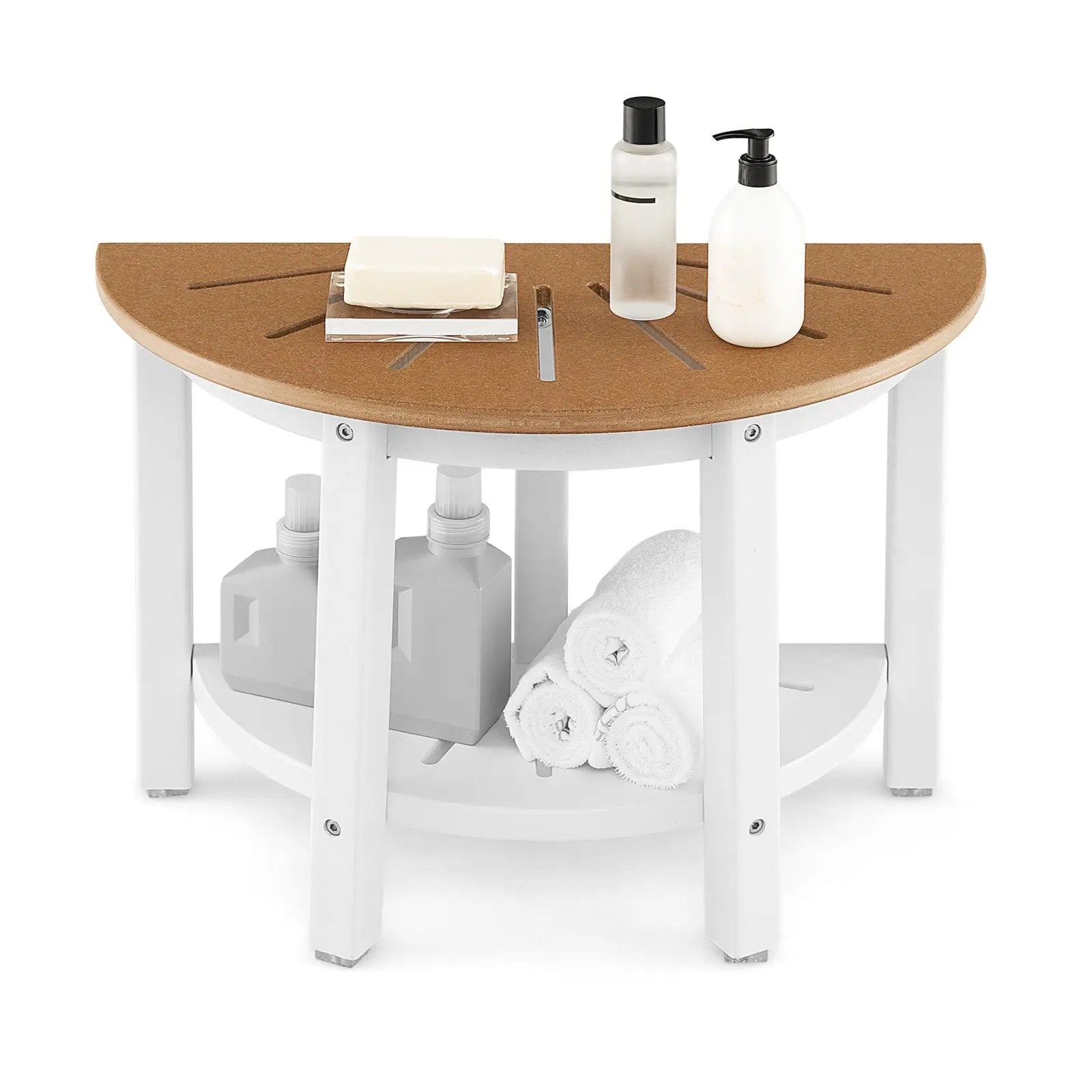 Waterproof HDPE Shower Bench with Semicircular Seat and Storage Shelf-Brown by DirectDeals