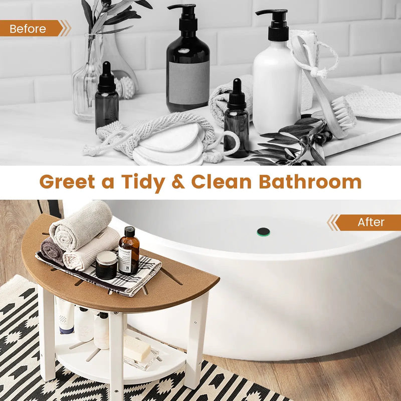 Waterproof HDPE Shower Bench with Semicircular Seat and Storage Shelf-Brown by DirectDeals