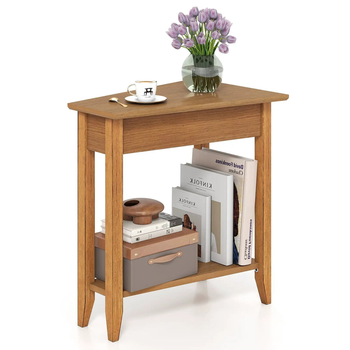 2-Tier Wedge Narrow End Table with Storage Shelf and Solid Wood Legs, photo 9 of 10