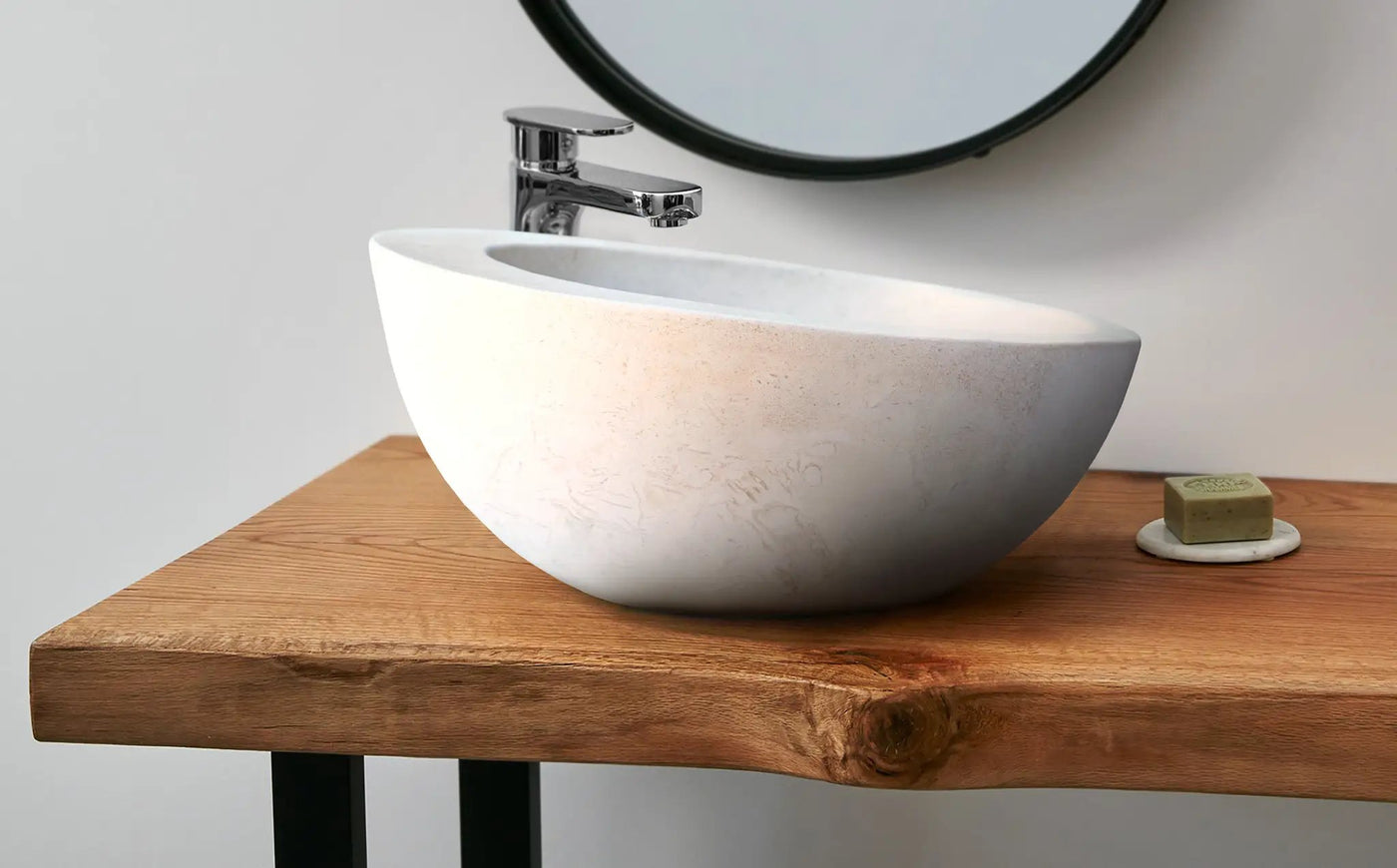 White Fossil Limestone Natural Stone Vessel Sink - Sloped Rim by GobekDesign