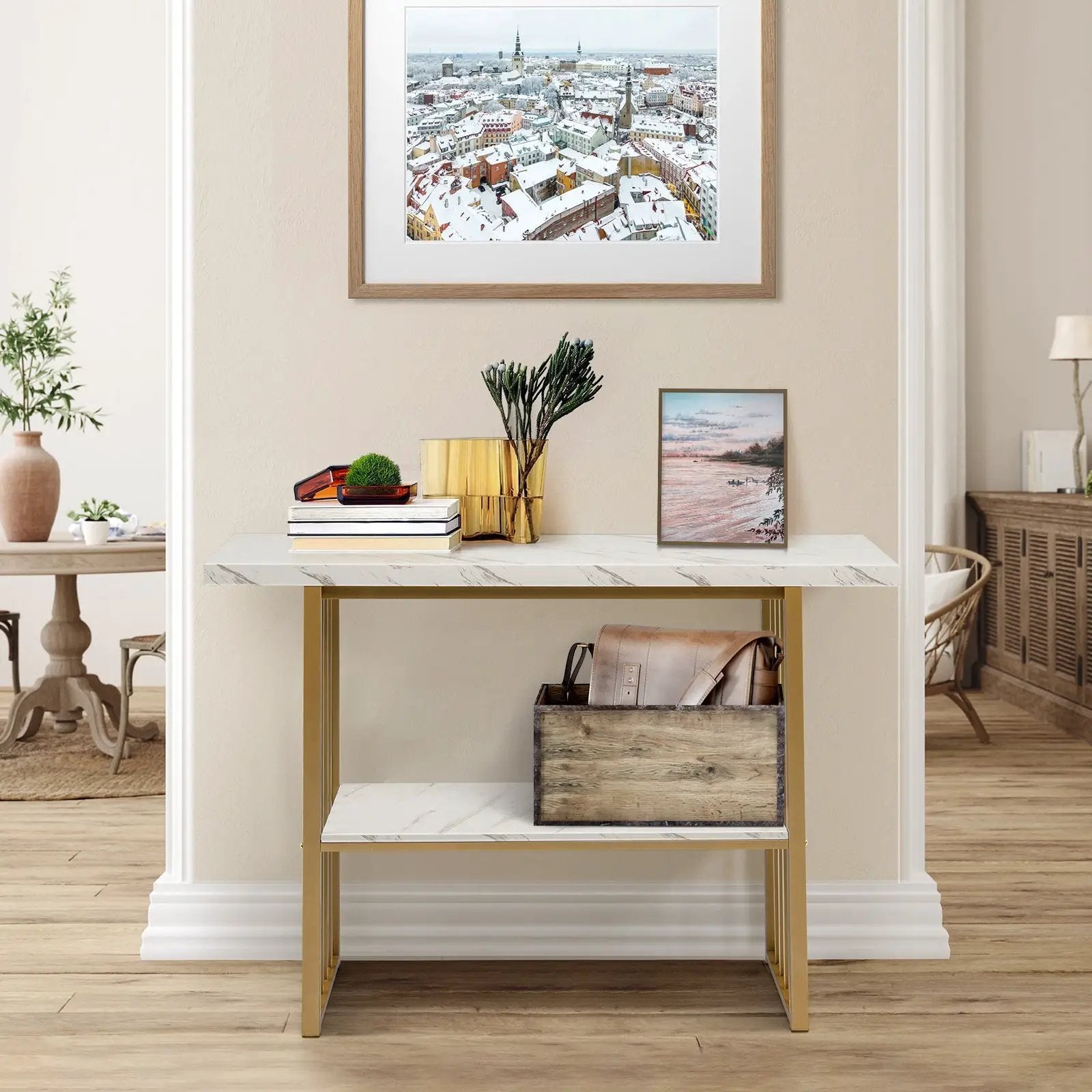 48 Inch 2-Tier Console Table with Gold Finished Frame-White by DirectDeals