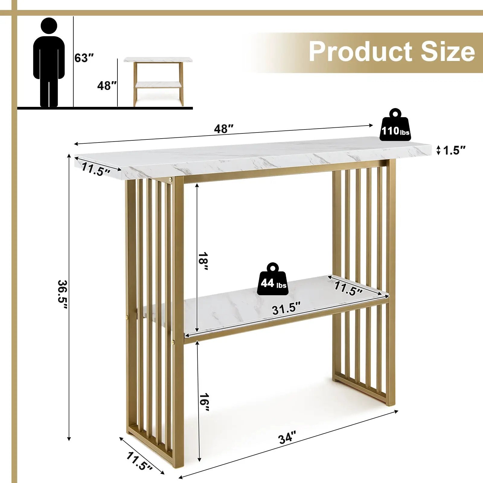 48 Inch 2-Tier Console Table with Gold Finished Frame-White by DirectDeals
