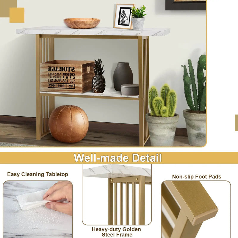 48 Inch 2-Tier Console Table with Gold Finished Frame-White by DirectDeals