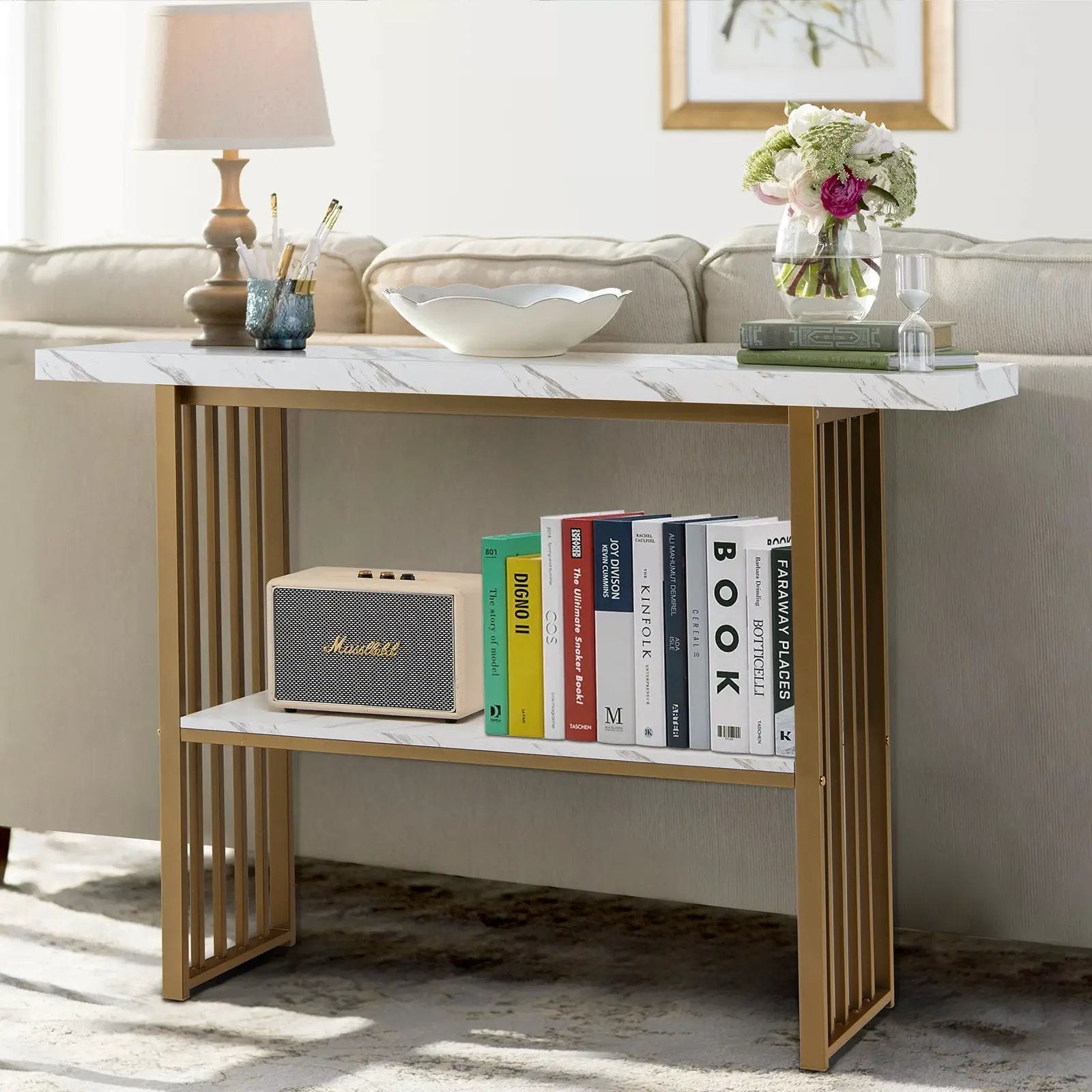48 Inch 2-Tier Console Table with Gold Finished Frame-White by DirectDeals