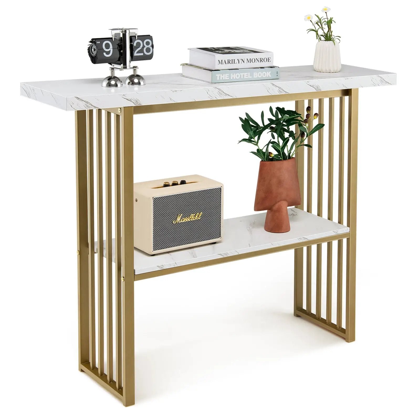 48 Inch 2-Tier Console Table with Gold Finished Frame-White by DirectDeals